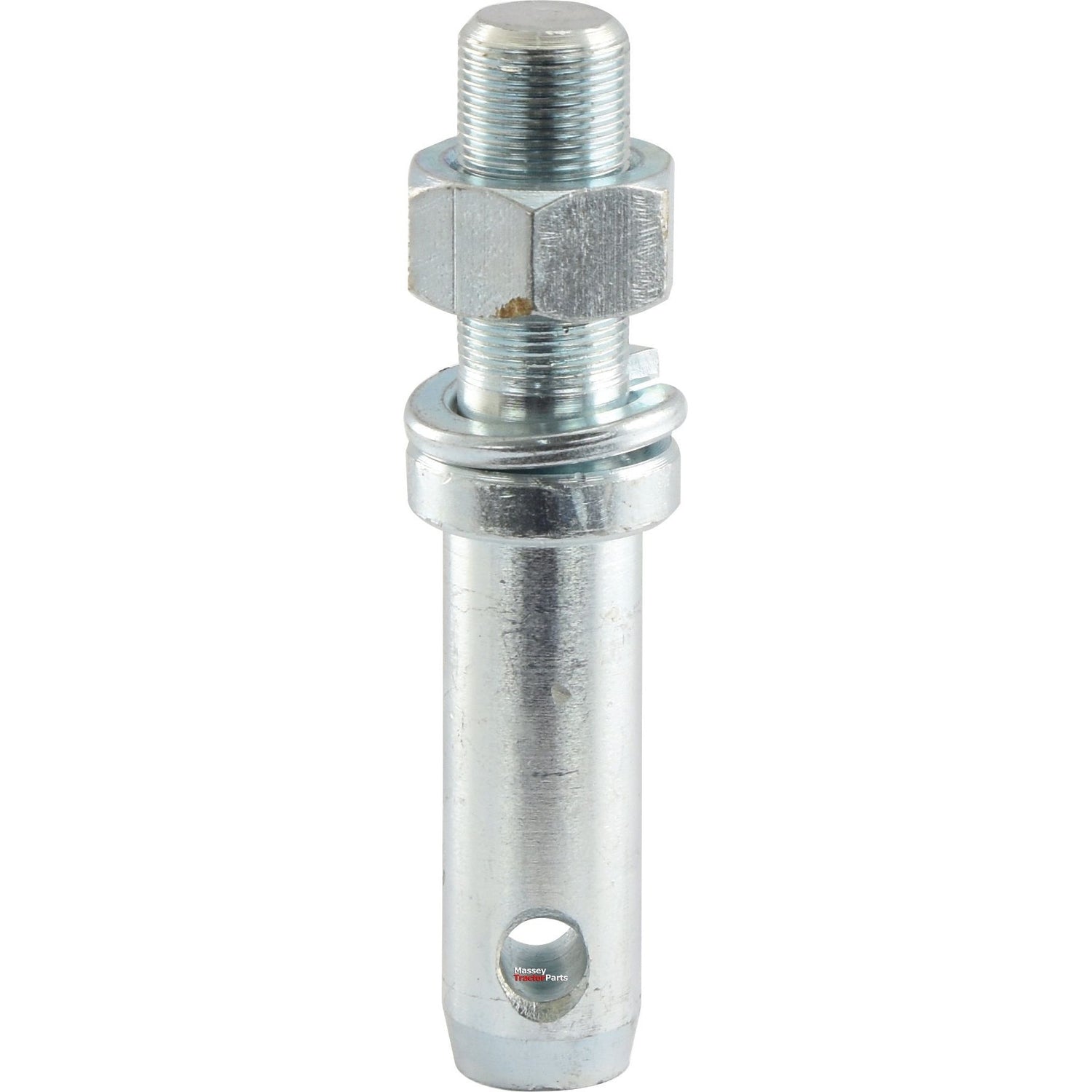 The Lower Link Implement Pin 28x150mm, offered by Sparex (Part No. S.29220), boasts a precisely engineered M24 x 1.50x50mm thread size for optimal fit, combining a threaded top with a smooth cylindrical body that includes a small hole near the bottom for enhanced functionality.