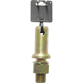 Introducing the Sparex Lower Lunk Implement Pin - S.903005: A metal threaded bolt with a square black plastic component attached to its top end via a short wire, featuring an 11/8 UNF thread size. This is an ideal Sparex implement attachment pin.