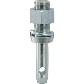 A Sparex lower link implement pin, model S.5188, featuring a hexagonal bolt head and a hole near the bottom end, comes with a metallic threaded rod with an attached nut and washer. The thread size is 1 1/8'' UNC (28.5mm x 60mm).