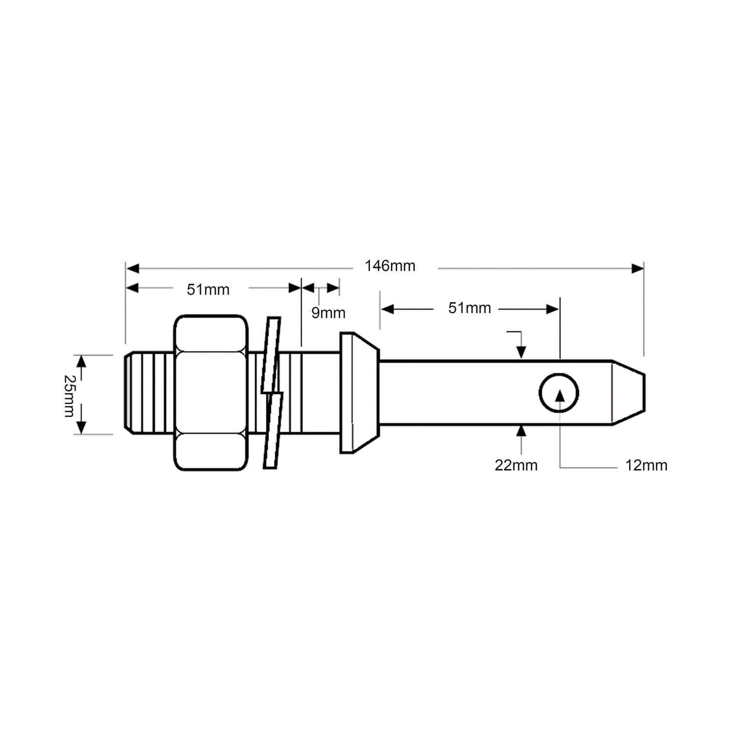 Technical drawing of a cylindrical component labeled with dimensions including lengths of 146mm, 51mm, and 9mm, diameters of 22mm and 12mm. The component is designed as a Lower link implement pin with thread size 1'' UNF. Specifically, this is detailed as the Lower link implement pin (22x146mm) with a thread size of 1''x51mm Cat. 1 manufactured by Sparex, identified by Sparex Part No.S.5190.