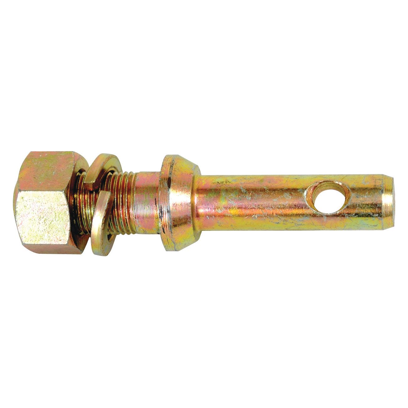 The Sparex Lower Link Implement Pin 22x146mm, with a threaded section of size 1'' x 51mm Cat. 1 (Sparex Part No. S.5190), features a metallic bolt with a hexagonal nut and a hole through the unthreaded end, making it ideal for use as an implement attachment pin.