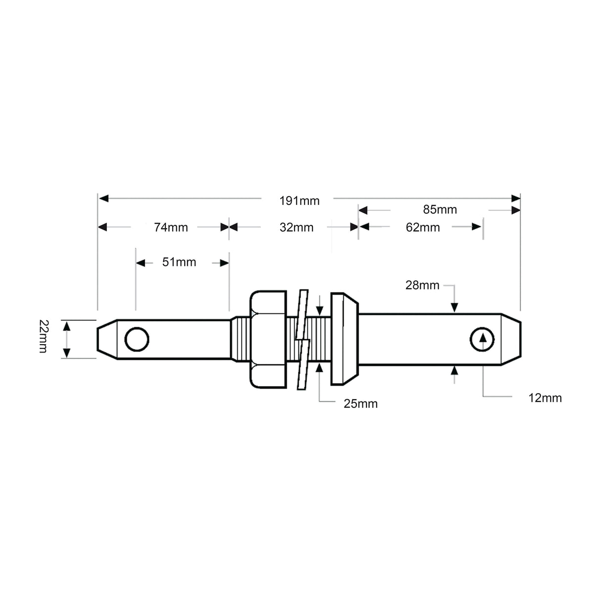 Lower link implement pin dual 22 - 28x191mm, Thread size  1x32mm Thread size 1/2
 - S.213 - Farming Parts