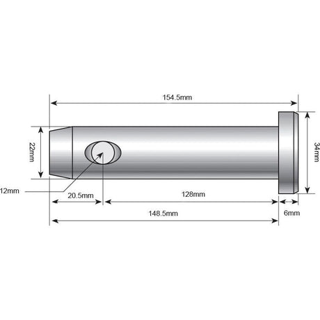 Technical drawing of the Sparex Lower Link Pin 22x128mm Cat. 1 (Sparex Part No. S.29242), a cylindrical mechanical part, featuring multiple dimensions labeled for precision. The drawing includes an overall length of 154.5mm, a Pin Ø of 22mm diameter, a working length of 128mm, and a hole located 20.5mm from the edge among other specific measurements.
