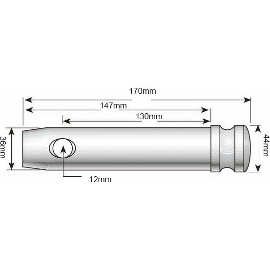 Diagram of a Sparex Lower Link Pin 36x130mm Cat. 3 (Sparex Part No.S.29256) showing measurements: 170mm length, 130mm working length, Hole Ø12mm internal section, Pin Ø36mm, 35mm height, 44mm diameter, and 12mm depth. An arrow indicates direction on the side of the object.