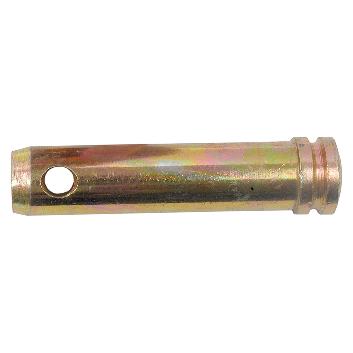The Sparex Lower Link Pin 36x130mm Cat. 3 (Sparex Part No. S.29256) is a cylindrical metal pin with a diameter of 36mm, featuring a hole with a diameter of 12mm near one end and a grooved section at the other, and has a working length of 130mm.