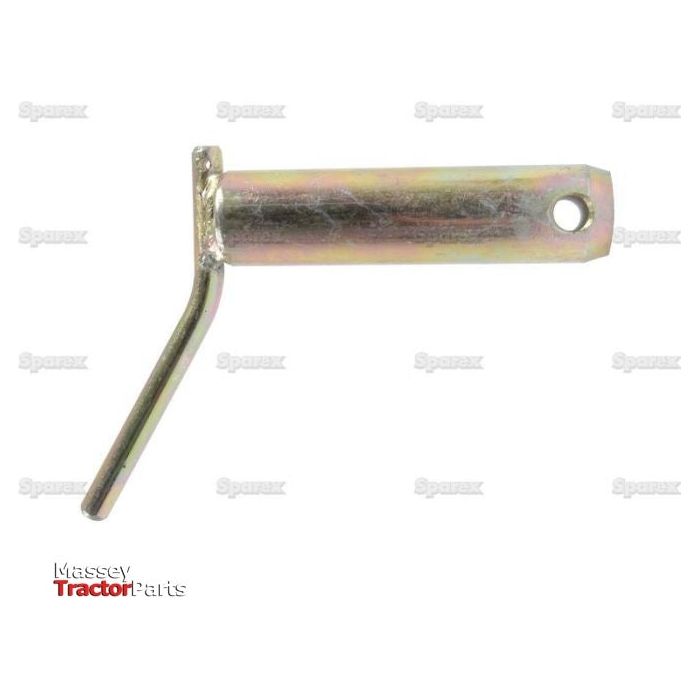 A Sparex Lower Link Pin - Double Shear 36x127mm Cat.3, featuring a cylindrical body, a bent handle, and a hole at one end, is displayed on a white background with the Massey Tractor Parts logo visible in the bottom left corner.