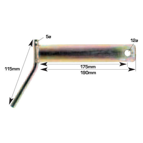 The Sparex Lower Link Pin - Double Shear 36x175mm Cat.3 (Part No.S.21664) has a bent end, measuring 115mm in height, 175mm in length to the bend, with a total length of 190mm, a diameter of 5mm, and a hole diameter of 12mm.