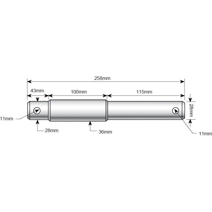 Technical drawing of a cylindrical metal hinge with dimensions labeled, measuring 258mm in total length, with sections of 43mm, 100mm, and 115mm. The hinge's diameter is 28mm with 11mm cutouts, suitable as a Category 2/3 part for dual category pins like the Lower link pin - Dual category (28 - 36 - 28mm Cat.2/3) by Sparex (Part No.S.29235).