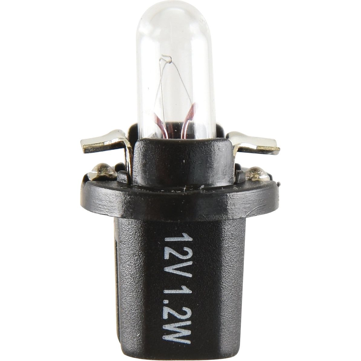 A Sparex Light Bulb (Filament) 12V, 1.2W, B8.5d with a cylindrical clear glass cover and black plastic base, featuring a delicate filament inside.