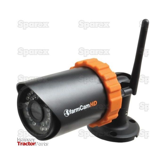 A Surveillance Farmcam HD Camera (UK) with a black and orange design, featuring an antenna and mounted on a swivel base. The background includes a faint "Sparex" watermark. Comes equipped with a UK Plug for convenience. (Sparex Part No.S.150549)