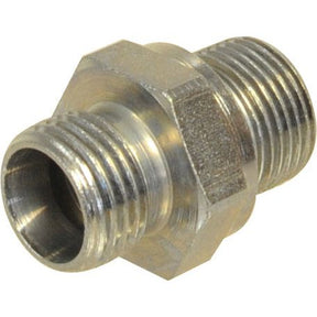 A metallic hex nipple plumbing connector with threaded ends, featuring M16 (10L) Male and 1/2'' BSP Male compatibility by Sparex, known as the M16 (10L) Male X 1/2'' BSP Male 60* Cone | Sparex Part No. S.114141.