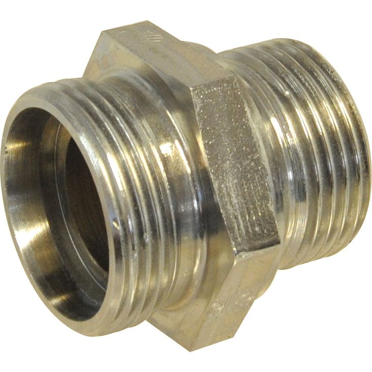 Close-up of a Sparex M36 (28L) Male x 1'' BSP Male 60* Cone metal pipe fitting with threaded ends, specifically designed as an M36 BSP.