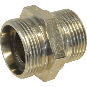 Close-up of a Sparex M36 (28L) Male x 1'' BSP Male 60* Cone metal pipe fitting with threaded ends, specifically designed as an M36 BSP.