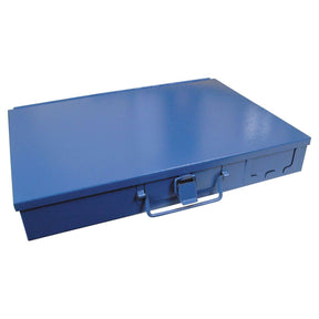 Introducing the METAL DISPLAY BOX - S.2421 by Sparex, a closed, rectangular blue steel cash box featuring a latch and a front-side handle. This durable box is perfect for any workshop setting.