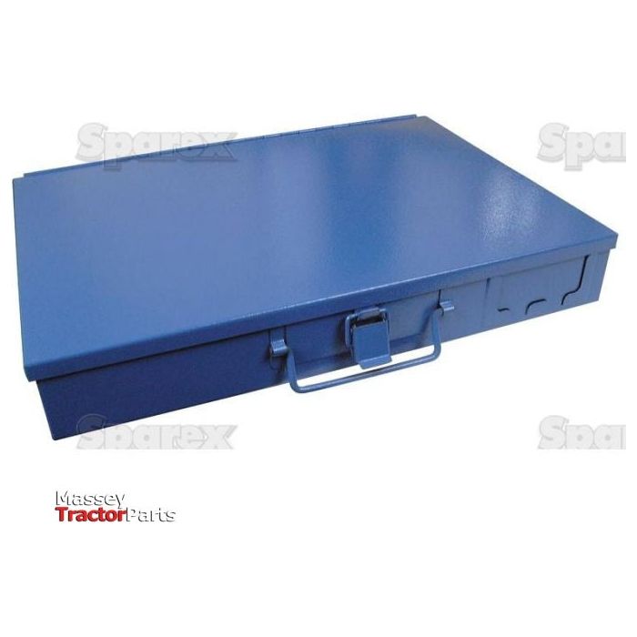 A blue metal toolbox with a handle and latch is pictured. The durable steel box, labeled "Sparex METAL DISPLAY BOX - S.2421" and "Massey Tractor Parts," makes it a perfect addition to any workshop.