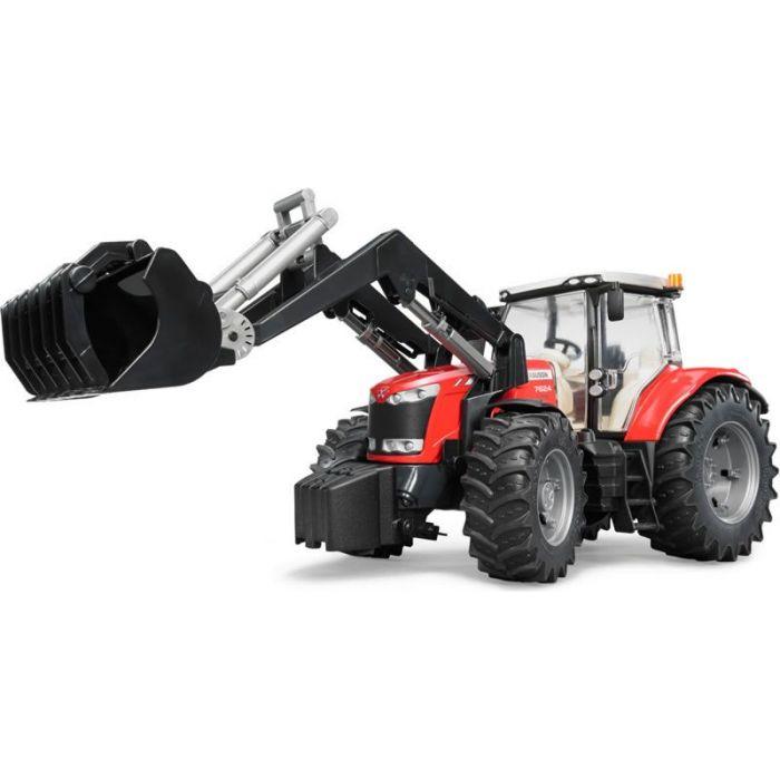 The Bruder - MF 7624 with Front Loader - X993060047000 by AGCO features a striking red and black color scheme, large tires, and a front loader attachment equipped with a black scoop. Recognized as the machine of the year, it's perfect for children under adult supervision, offering both fun and functionality.