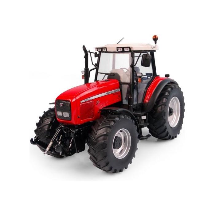 A detailed miniature replica of the AGCO Massey Ferguson - MF 8250 Xtra 1:32 (X993041906257) agricultural tractor, featuring a red and black exterior with large tires and a white cab roof, is displayed on a white background.