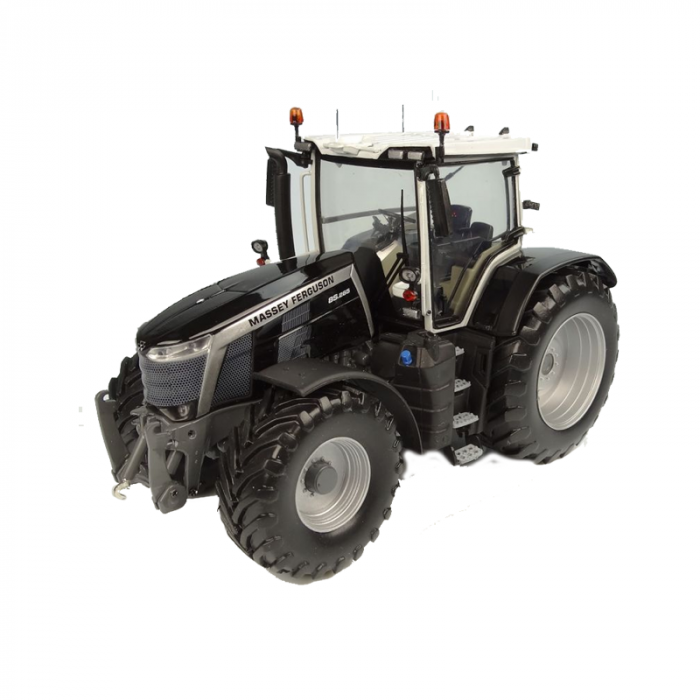 A detailed 1.32 scale model of a black Massey Ferguson MF 8S.285 tractor by AGCO, featuring four large tires and a cab (Product Code: X993042106341).