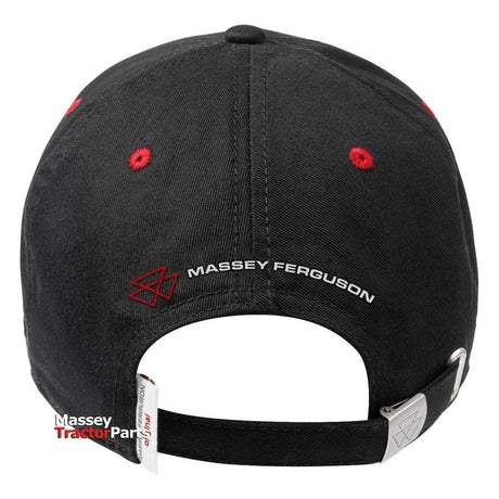 A black baseball cap with red accent stitching, featuring "Massey Ferguson" text and the MF logo on the back, is available under the name Massey Ferguson - MF 8S Cap - S Collection (X993312203000) by AGCO. Made of durable cotton twill, it features a size-adjustable buckle with a metal clasp and a small "Massey Tractor Parts" tag.