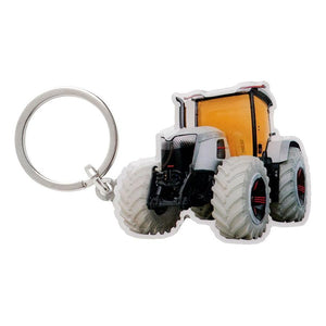 The Massey Ferguson - MF Lunar Concept Keyring (X993442205000) by AGCO features a small, detailed model of a yellow and white concept tractor with large tires, complemented by a brushed steel key ring.