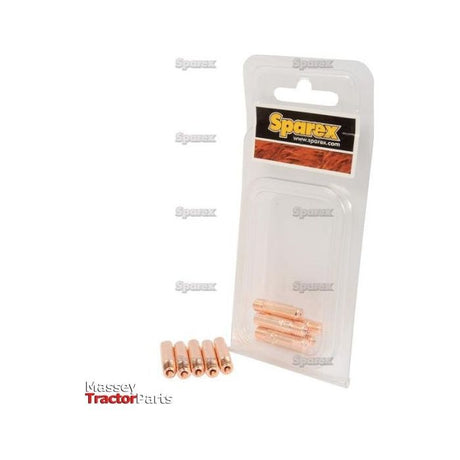 A package of Sparex branded MIG Contact Tips (Agripak 5 pcs.) for 0.6mm wire, shown with six additional connectors in front of the packaging. The background is white, and the Massey Tractor Parts logo is visible in the bottom left corner. This product, with a thread size M6x25mm, is perfectly suited for your welding needs.