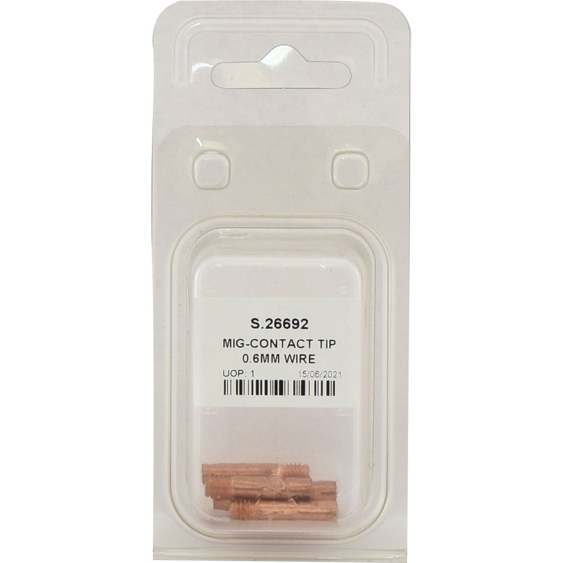 A plastic package labeled "Sparex Part No. S.26692" contains five MIG contact tips designed for 0.6mm wire, each with a thread size of M6x25mm. The packaging includes a barcode and is marked with a packing date of 15/08/2021.