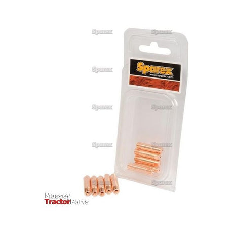 A transparent plastic container labeled "Sparex," containing a pack of bronze-colored "MIG Contact Tip 0.8mm wire (Agripak 5 pcs.)" with the part number S.26693, displays four additional identical tips placed outside the package.