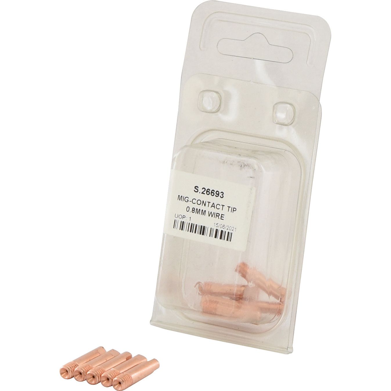 A blister pack labeled "Sparex Part No. S.26693 MIG Contact Tip 0.8mm Wire" contains multiple MIG contact tips, with four additional 0.8mm wire contact tips beside the pack, providing everything needed for precise welding tasks. The product name is "MIG Contact Tip 0.8mm wire (Agripak 5 pcs.)" from the brand Sparex.