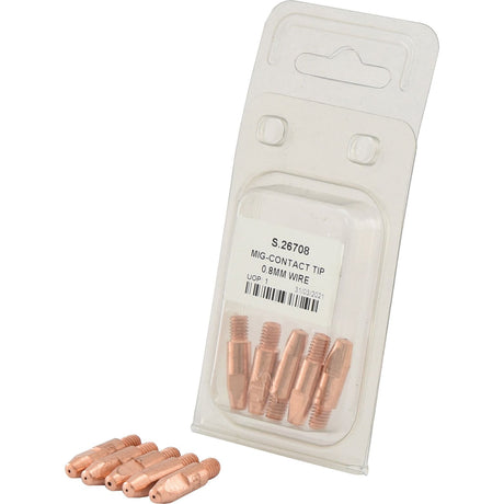 Pack of five Sparex S.26708 MIG contact tips for 0.8mm wire in a clear plastic packaging with product label, and four additional tips displayed outside the packaging.