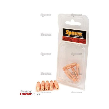 A package containing five MIG contact tips for 0.8mm wire, labeled with the brand name "Sparex" and identified by Part No. S.26708, is displayed next to several loose copper welding tips.