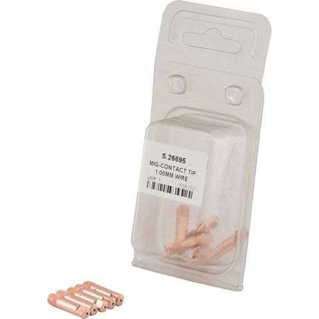A package of MIG contact tips branded by Sparex contains five additional copper-colored tips placed outside the package. The label on the package reads, "S.26695 MIG Contact Tip 1.0MM Wire (Agripak 5 pcs).
