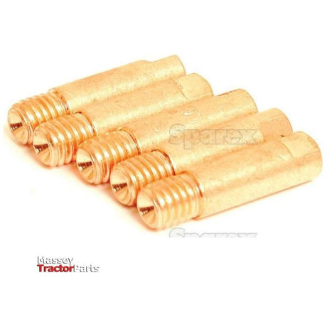 Five identical brass fittings are aligned next to each other against a plain background. The fittings have threaded ends, showcasing the precision of the MIG Contact Tip 1.0mm wire (Agripak 5 pcs.) by Sparex. The words "Massey Tractor Parts" and "Sparex" are partially visible in the image, hinting at robust quality for 1.0mm wire applications, specifically corresponding to Sparex Part No. S.26695.