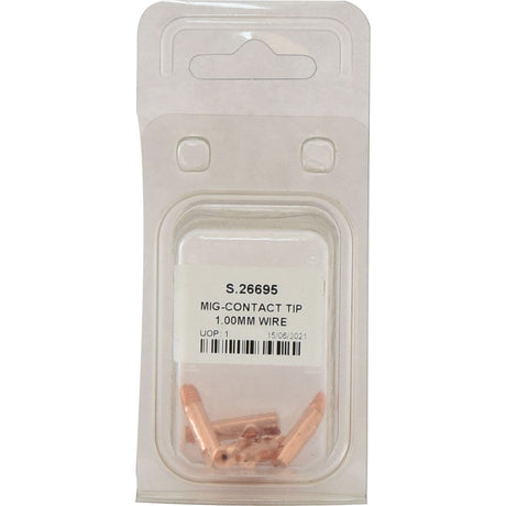 A clear plastic package from Sparex contains five copper-colored MIG contact tips for 1.0mm wire, labeled "MIG Contact Tip 1.0mm wire (Agripak 5 pcs.)" with Sparex Part No. S.26695 and a production date of "15/06/2021.