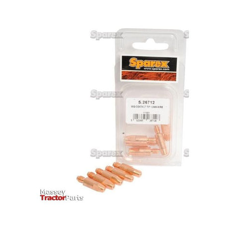 A package of brass-colored MIG contact tips designed for 1.0mm wire, displayed on a white background. The package label reads "Sparex" and "S.26712." Five contact tips are arranged in front of the package, labeled as Agripak.