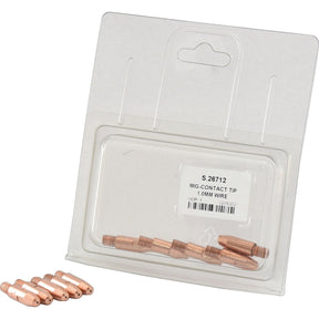 Plastic packaging containing five **Sparex MIG Contact Tips 1.0mm wire (Agripak 5 pcs.)** with part number **S.26712** and an additional five contact tips outside the packaging.