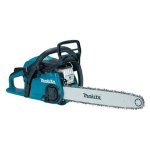 A Makita - EA3601F40B 35CC PETROL 16" FARMER CHAINSAW, featuring a blue and silver design with a 2-stroke petrol engine, is shown against a white background.