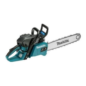 A Makita PETROL CHAINSAWEA5600F45D 18 INCH BAR - EA5600F45D with a teal and black body and a silver blade displaying the Makita logo, featuring an anti-vibration system for comfort.