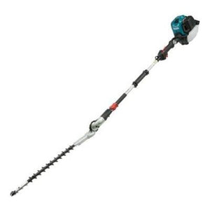 Image of the Makita 25.4CC 4 Stroke Long Reach Hedge Trimmer (EN4951SH) featuring a telescopic pole and a motorized double-sided cutting blade at the end. The trimmer appears suitable for reaching high hedges and bushes, making it an efficient garden machinery tool from Makita.