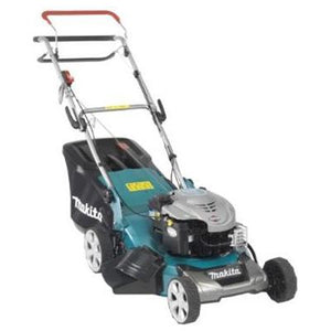 The Makita PLM4631N 46CM Self-Propelled Lawnmower from Makita features a blue and black body, grey engine cover housing a powerful 190cc engine, and a red handle. It has large rear wheels and a black grass collection bag attached at the back.