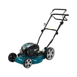 The Makita MULCHING LAWN MOWERPLM5121N2, also known as the PLM5121N2, sports a sleek black and teal color scheme and features a robust metal frame. It comes equipped with four wheels and is powered by a high-performance Briggs & Stratton engine centrally located. This mower also offers a versatile 2-in-1 feature for effortless switching between bagging and mulching systems.