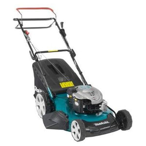 A Makita PLM5600N 56CM Self-Propelled Petrol Lawnmower equipped with a robust 190cc 4-stroke engine, featuring a grass collection bag at the back and an adjustable push handle with a red grip.