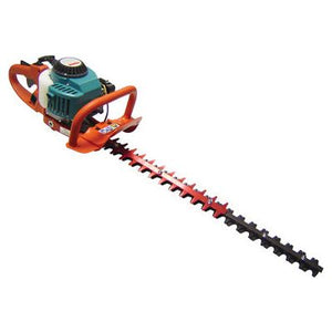 The Makita HEDGETRIMMER 28.3CCC - HTB7600 is a gas-powered hedge trimmer that features a lightweight design, an orange and green handle, and a long double-sided blade with a 28.3cc engine.