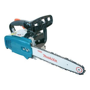 A Makita DCS3410TH petrol chainsaw featuring a blue and white body, black handle, and silver chain blade, renowned for its low vibration design.