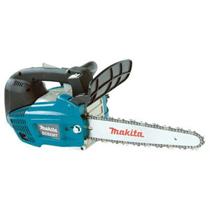 The Makita - CHAINSAW 22CC - DCS230T features a blue and white body, black handle, and safety guard. The brand name "Makita" is prominently displayed on the chainsaw bar. Ideal for pruning trees, this model includes a 22cc engine and an easy start system for user convenience.