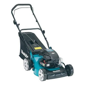 The Makita PLM Series Lawnmower (PLM4110) features a blue and black design with an ergonomic handle for easy pushing, a grass collection bag at the back, and a durable steel deck. The brand name Makita is clearly visible on the side.