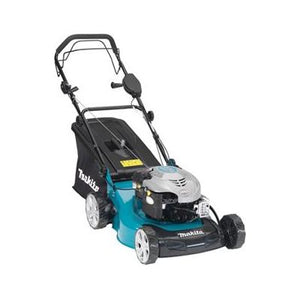 The Makita - LAWNMOWER - 190CC - PLM4622 features a black and teal body, a grass collection bag at the back, and a push handle for manual operation. This self-propelled lawnmower also includes a mulching kit for efficient yard care.