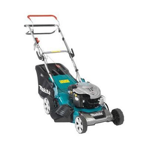 The Makita PETROL LAWNMOWER PLM4631, featuring a striking teal and black color scheme, comes equipped with a push handle, four wheels for easy maneuverability, and a grass collection bag at the back. This versatile 190CC self-propelled lawnmower also includes a mulching kit for added convenience.