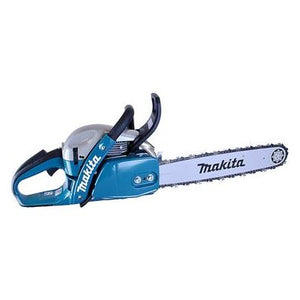 The Makita - PETROL CHAINSAW - DCS512145PROMO, with its blue and white design, features a 16-inch bar and an ergonomic handle. Powered by a robust 2-stroke engine, it's perfect for cutting wood.