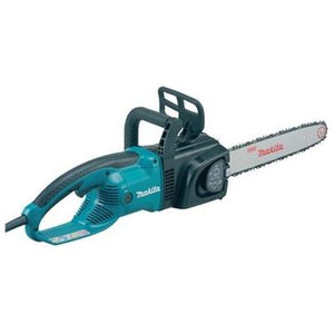 Image of a Makita - MAKITA ELECTRIC CHAINSAW 110V 40CM BAR - UC4030AK/1 in teal and black. The chainsaw is equipped with a cord, handle grip, and metal chain blade, engineered for cutting wood with high torque performance and offering easy operation and maintenance.