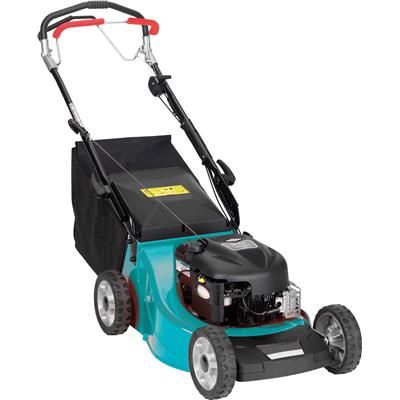 The Makita 46CM Self-Propelled Lawnmower B&S 675, equipped with a robust 190cc engine and featuring a black catcher bag and four wheels, is designed for efficient grass cutting. Its weather-resistant aluminum deck ensures durability in various conditions.
